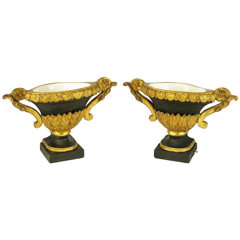 Pair Parcel Gilt & Black Lacquer Plaster & Gesso Empire Style Urn Uplamps