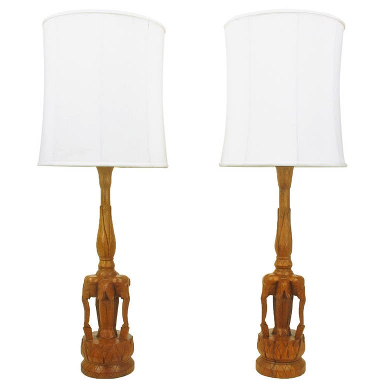 Pair Of Tall Hand Carved Hardwood Trio Elephants Table Lamps