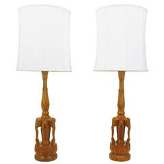Pair of Tall Hand-Carved Hardwood "Trio of Elephants" Table Lamps 6