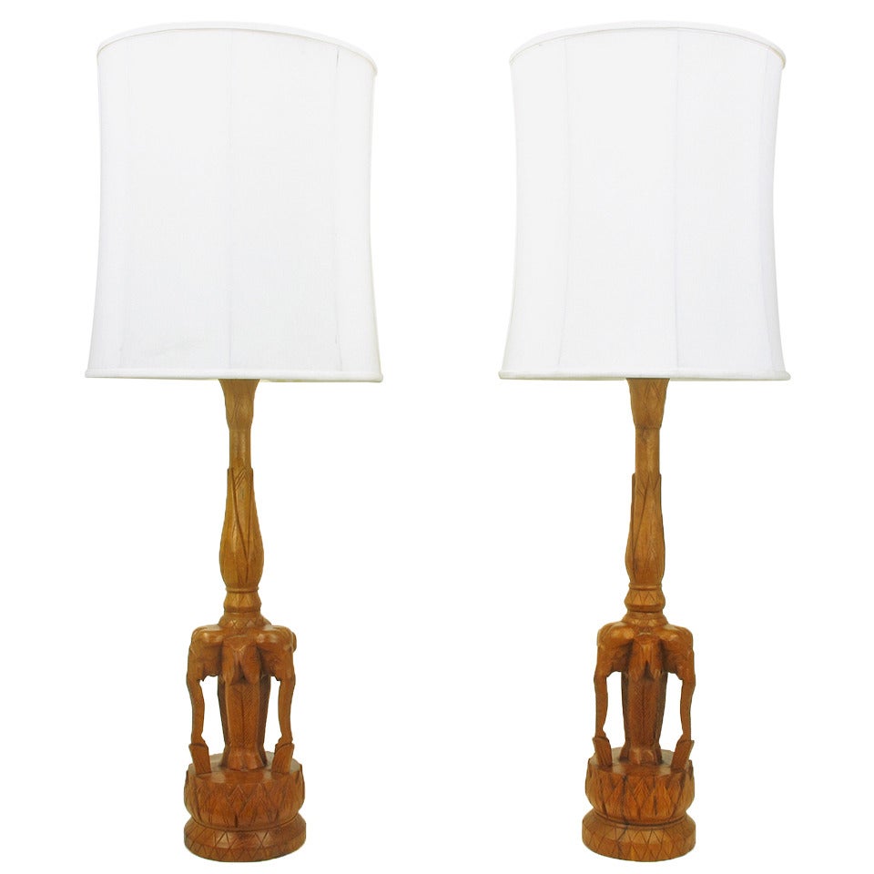 Pair of Tall Hand-Carved Hardwood "Trio of Elephants" Table Lamps For Sale
