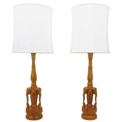 Retro Pair of Tall Hand-Carved Hardwood "Trio of Elephants" Table Lamps