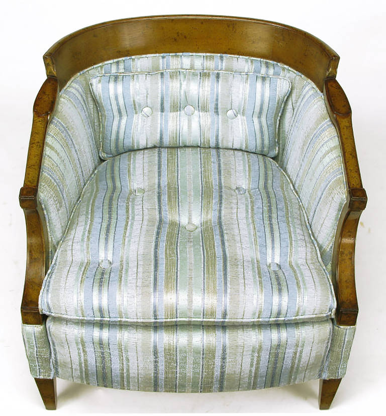 Mid-20th Century Pair of Oxford Kent Burled Walnut and Aqua Striped Silk Lounge Chairs