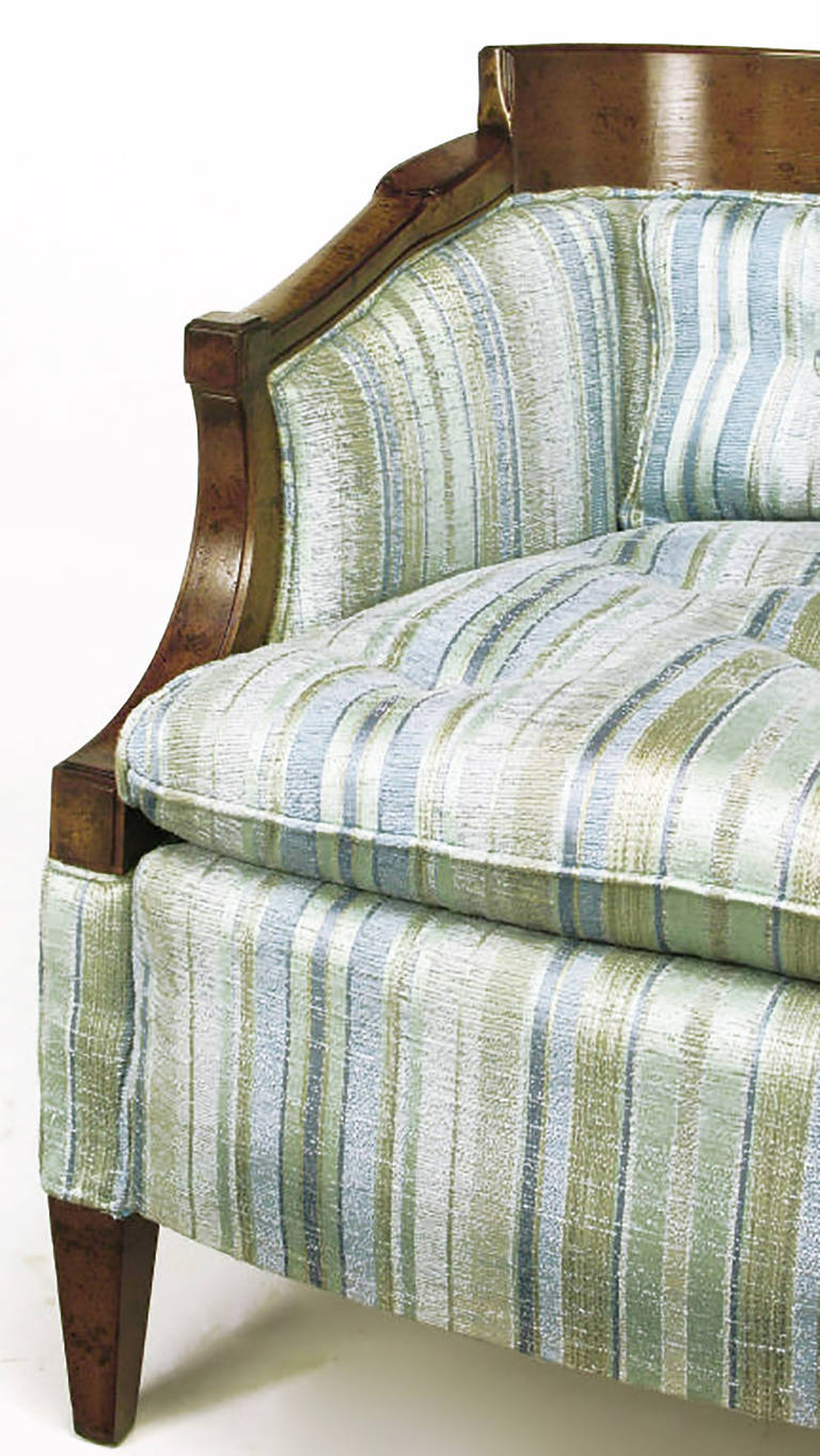 Pair of Oxford Kent Burled Walnut and Aqua Striped Silk Lounge Chairs 4