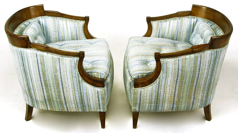 Pair of Oxford Kent Burled Walnut and Aqua Striped Silk Lounge Chairs In Good Condition In Chicago, IL