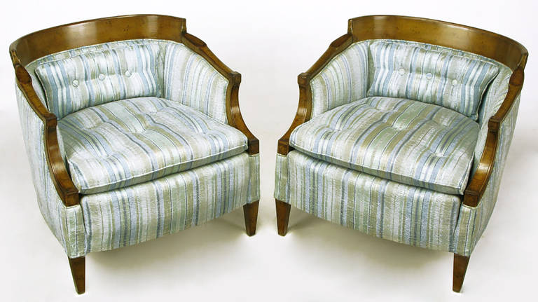 American Pair of Oxford Kent Burled Walnut and Aqua Striped Silk Lounge Chairs