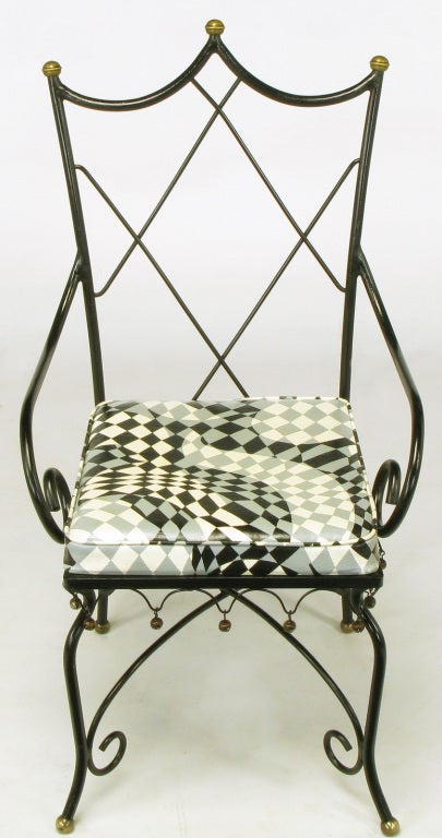 Mid-20th Century Four Italian Wrought Iron & Brass Harlequin Back Dining Chairs