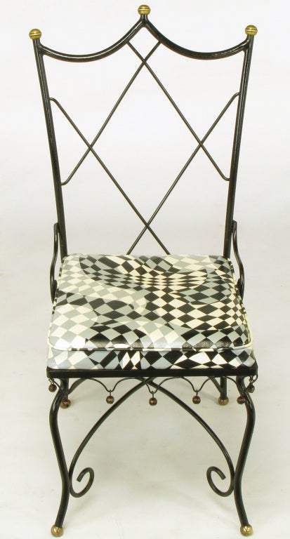 Four Italian Wrought Iron & Brass Harlequin Back Dining Chairs 1