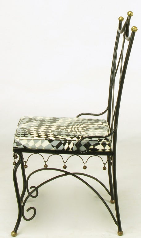 Four Italian Wrought Iron & Brass Harlequin Back Dining Chairs 3