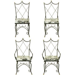 Four Italian Wrought Iron & Brass Harlequin Back Dining Chairs