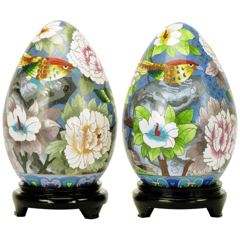 Pair of Colorful Cloisonne Eggs