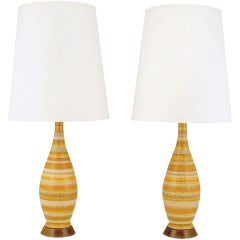 Pair Striped Salt Glazed Pottery Table Lamps