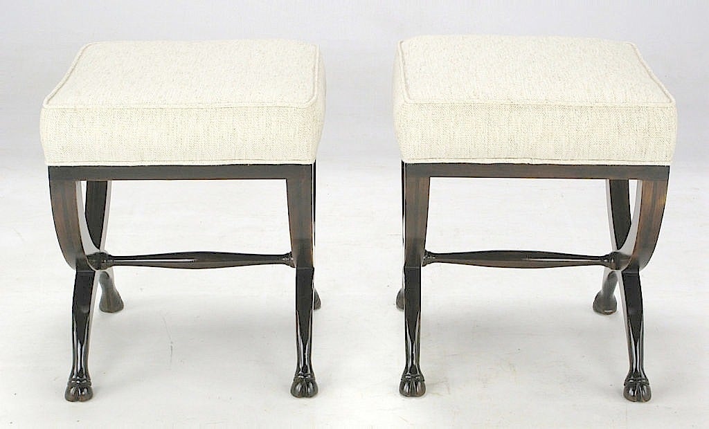 Mid-20th Century Pair Rare Baker Walnut Benches With Carved Hoof Feet