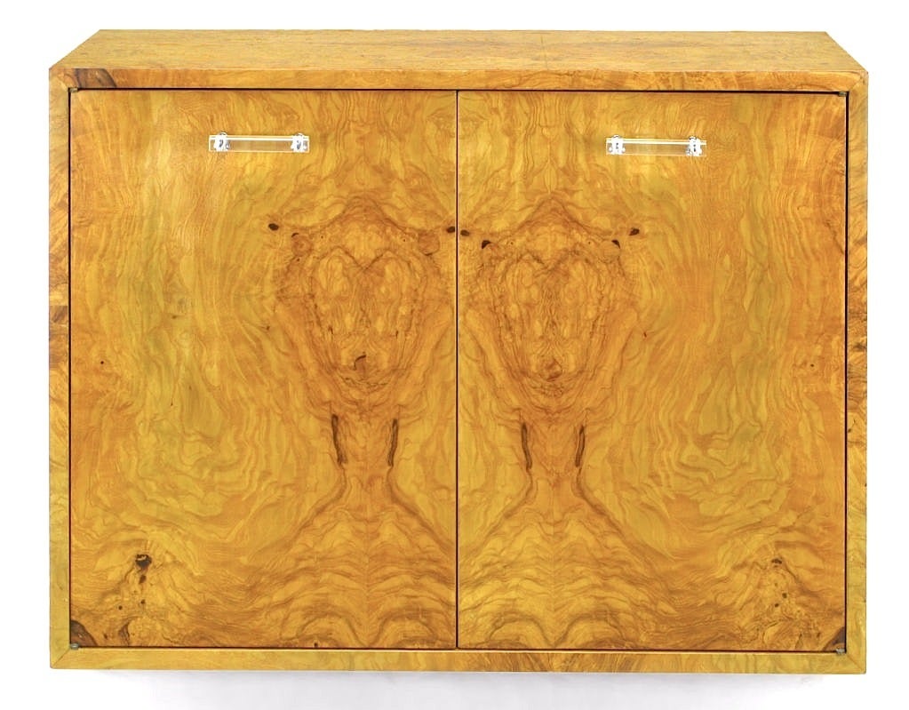 Late 20th Century Pair Floating Milo Baughman Bookmatch Burl Wall Cabinets