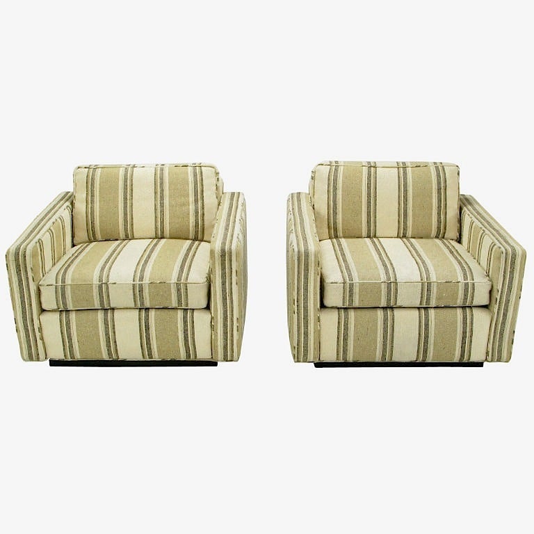 Pair 1960s Cube Chairs In Taupe Striped Upholstery