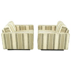 Pair 1960s Cube Chairs In Taupe Striped Upholstery