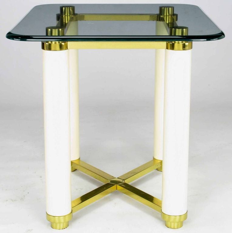 American Henredon Brass and Ivory Lacquer End Table with Glass Top For Sale