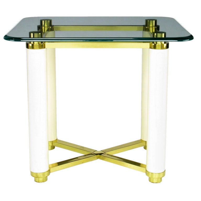 Henredon Brass and Ivory Lacquer End Table with Glass Top