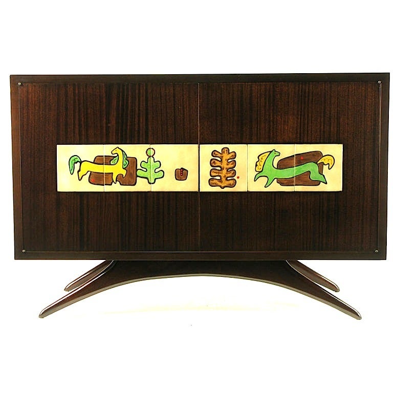 Vladimir Kagan Mahogany Bar Cabinet With Kasuba Tiles