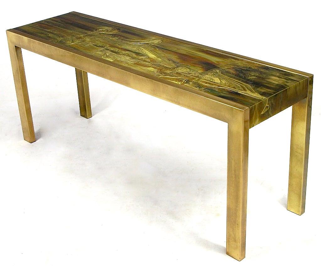 Mastercraft Brass Console With Bernhard Rohne Acid-Etched Top