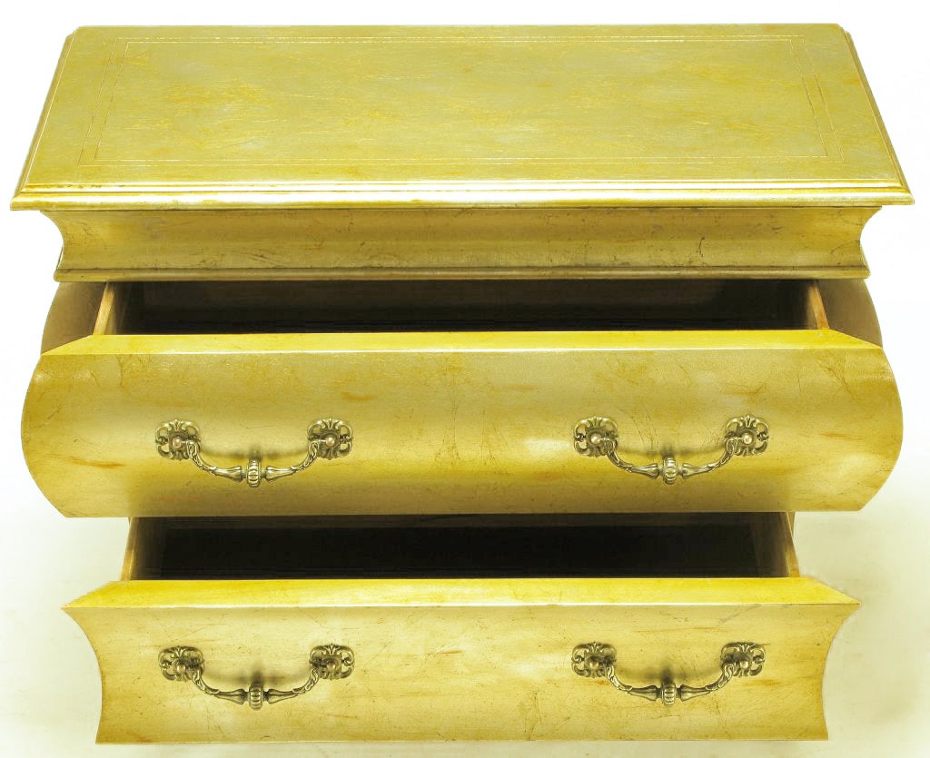 Pair Henredon Gold Toned Silver Leaf Bombe Two-Drawer Commodes 1