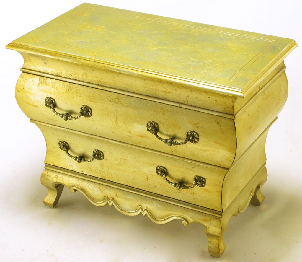Wood Pair Henredon Gold Toned Silver Leaf Bombe Two-Drawer Commodes