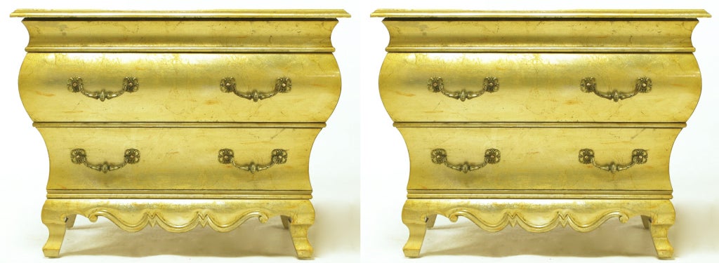 American Pair Henredon Gold Toned Silver Leaf Bombe Two-Drawer Commodes