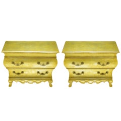 Pair Henredon Gold Toned Silver Leaf Bombe Two-Drawer Commodes