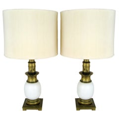 Pair Stiffel Ostrich Egg & Vintage Brass Table Lamps