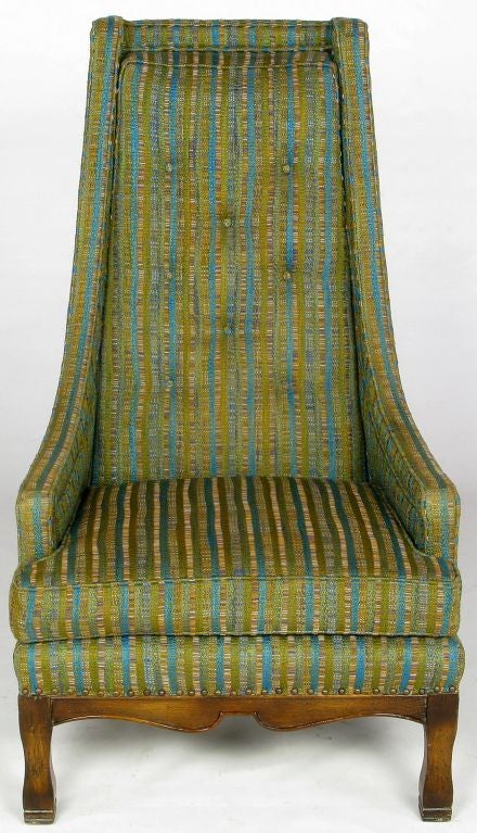 American Pair Blue Velvet & Green Stripe Tall Back Arm Chairs