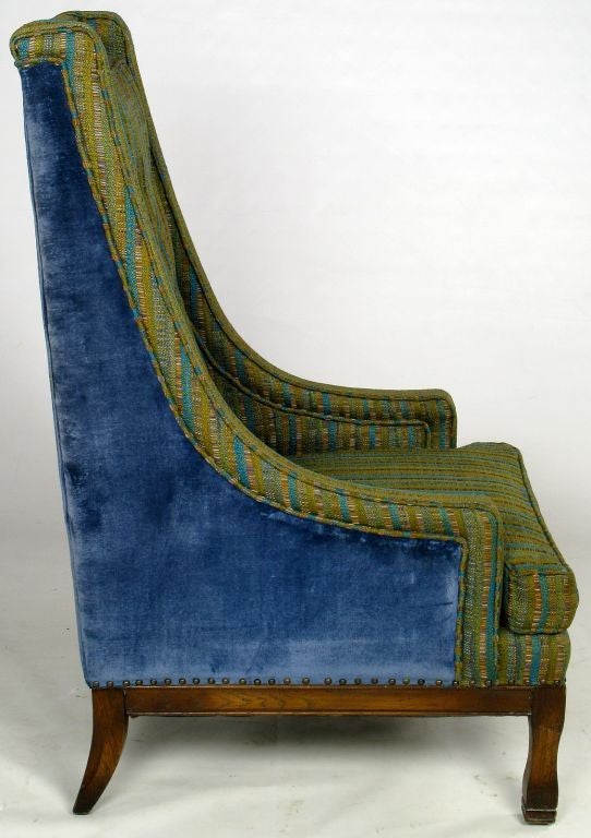 20th Century Pair Blue Velvet & Green Stripe Tall Back Arm Chairs
