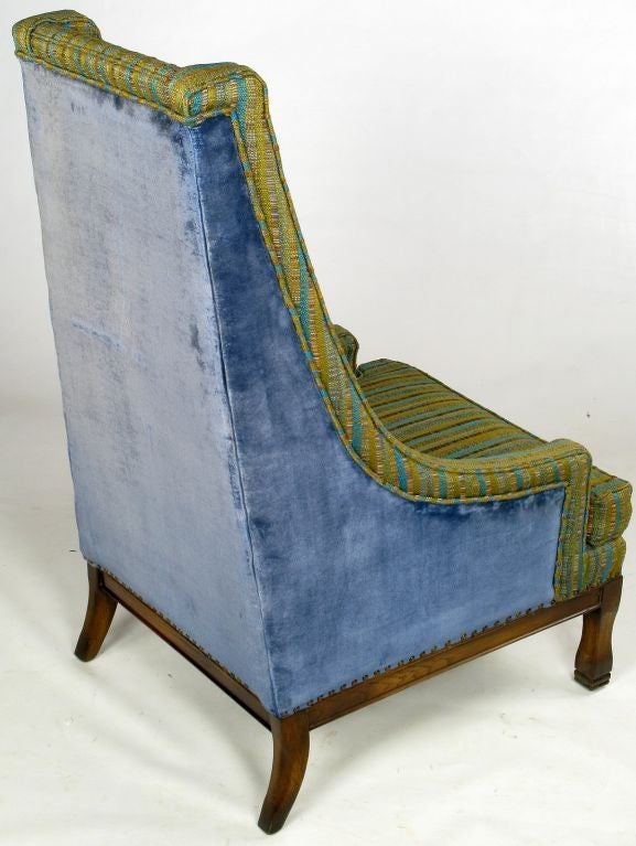 Wood Pair Blue Velvet & Green Stripe Tall Back Arm Chairs