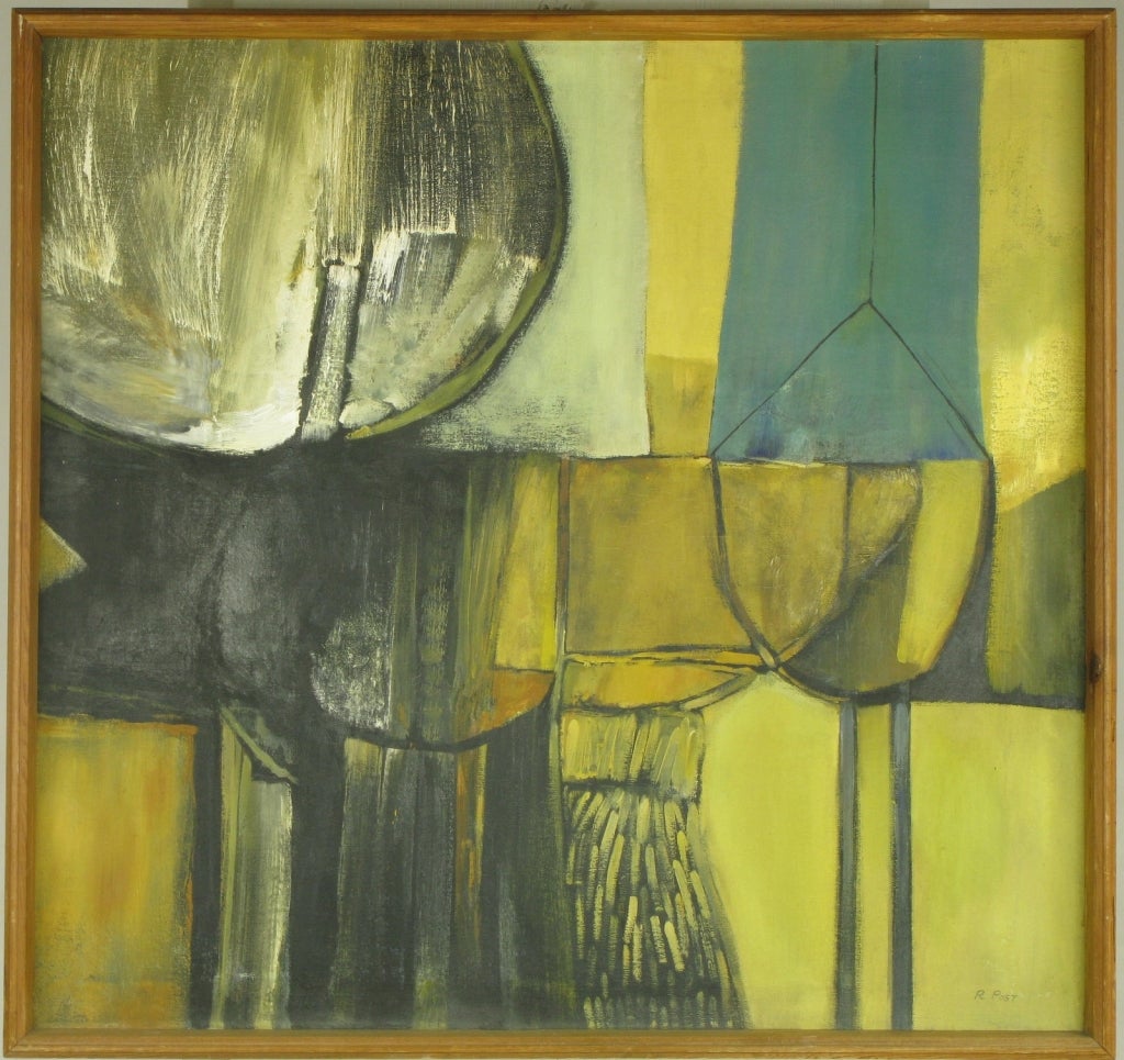 Terrific oil painting on canvass signed R.Post. Abstract expressionist color and movement with cubist style shapes created by intersecting straight and curved lines. Ochre, teal, black and white colors combine to form shapes of circles, squares and