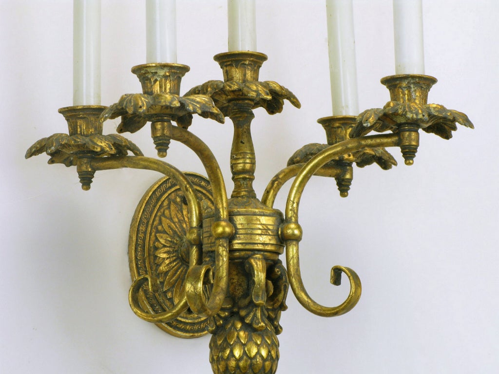 Pair Gilt Metal Renaissance Revival Five-Arm Sconces 1