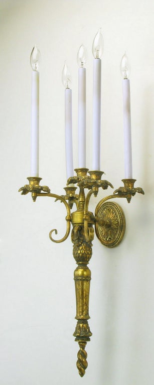 Pair Gilt Metal Renaissance Revival Five-Arm Sconces 3