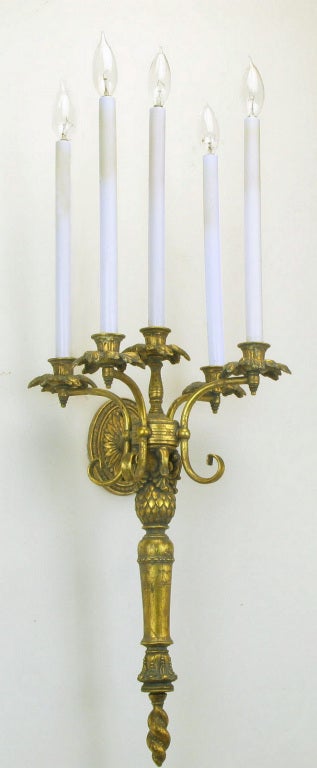 Pair Gilt Metal Renaissance Revival Five-Arm Sconces 4