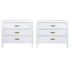 Pair Sanford Wallack White Lacquer Three-Drawer Commodes