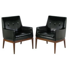 Pair Jens Risom Style Walnut 
Black Club Chairs