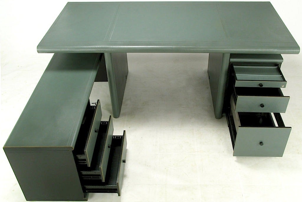 Italian Mariani For Pace Grey-Blue Leather Executive Desk & Credenza