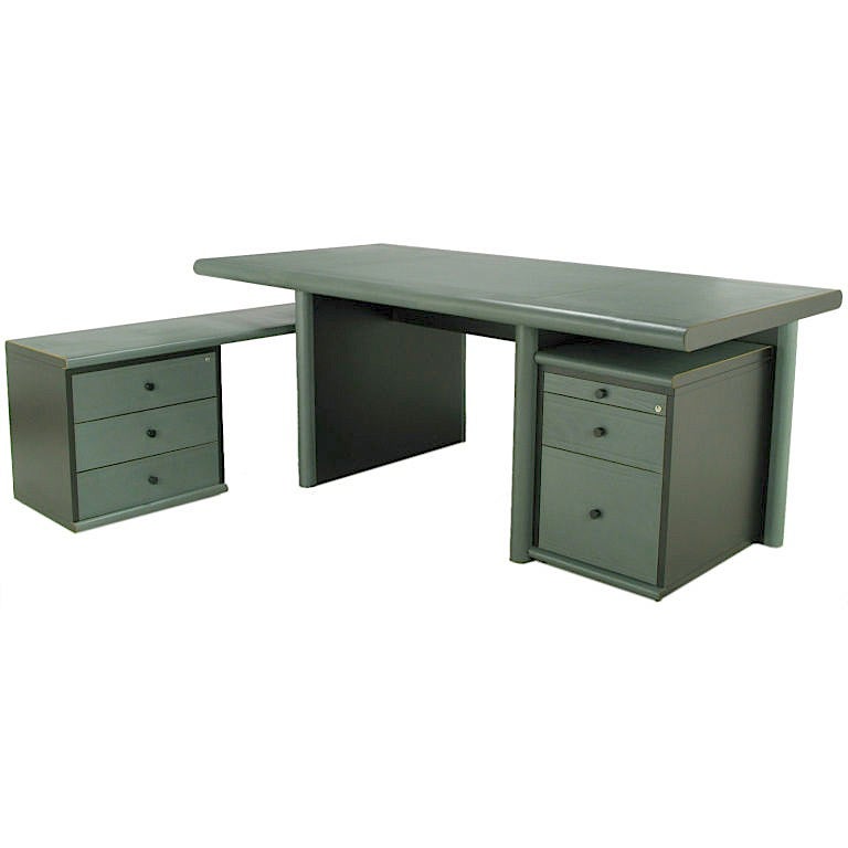 Mariani For Pace Grey-Blue Leather Executive Desk & Credenza