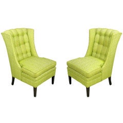 1940s Celery Geometric Damask Button-Tufted Slipper Chairs