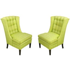 1940s Celery Geometric Damask Button-Tufted Slipper Chairs