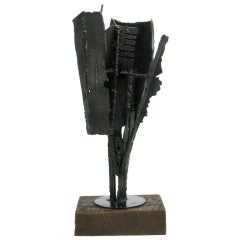 H.I. Gates Brutalist Metal Abstract Sculpture On Wood Base