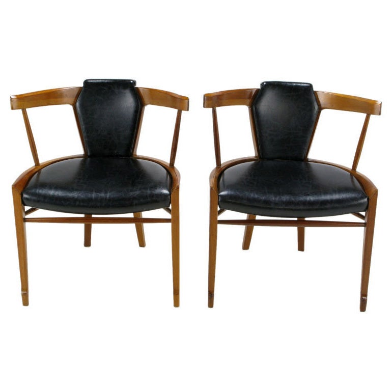 Pair Edmond Spence Attr. Walnut 
Black Leather Arm Chairs