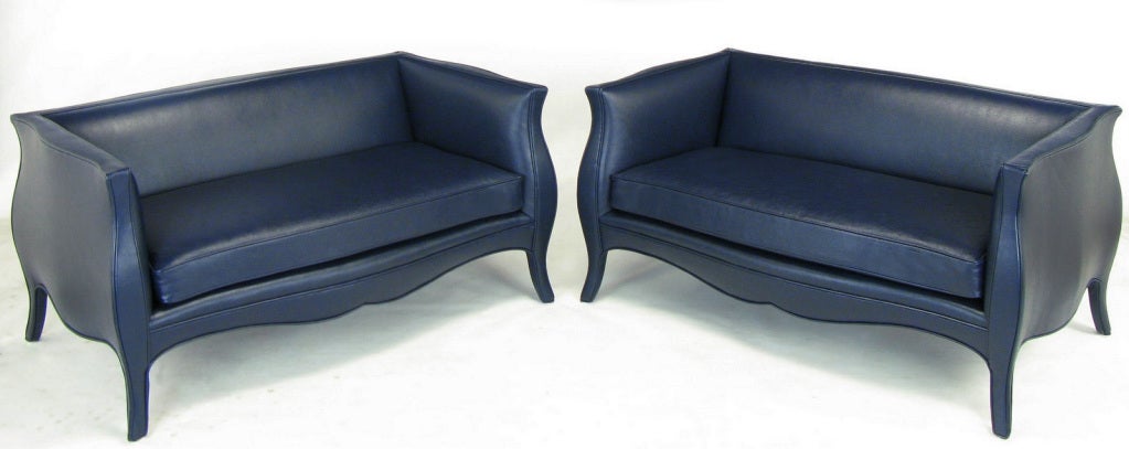 Pair Richard Himmel Lutece Settees In Blue Edelman Calfskin