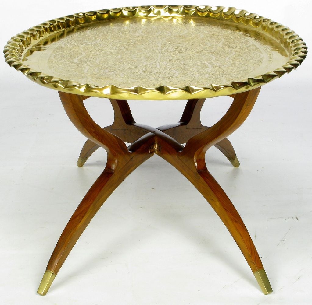 Hammered Brass Tray Table On Mahogany Base at 1stDibs