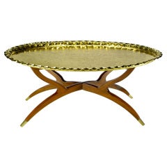 Vintage Hammered Brass Tray Table On Mahogany Base
