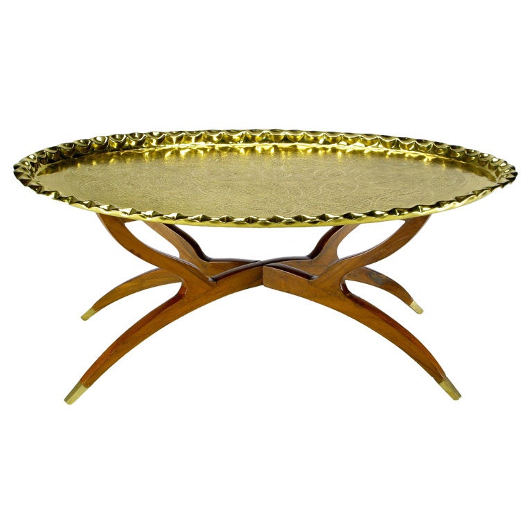 Hammered Brass Tray Table On Mahogany Base at 1stDibs