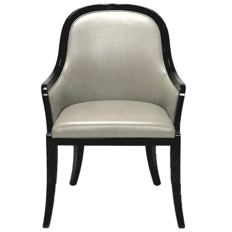 Curvaceous Black Lacquer & Dove Grey Leather Arm Chair