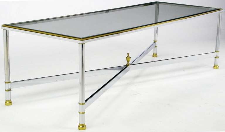 Maison Jansen Style Chrome And Brass Neoclassical Coffee Table In Excellent Condition In Chicago, IL