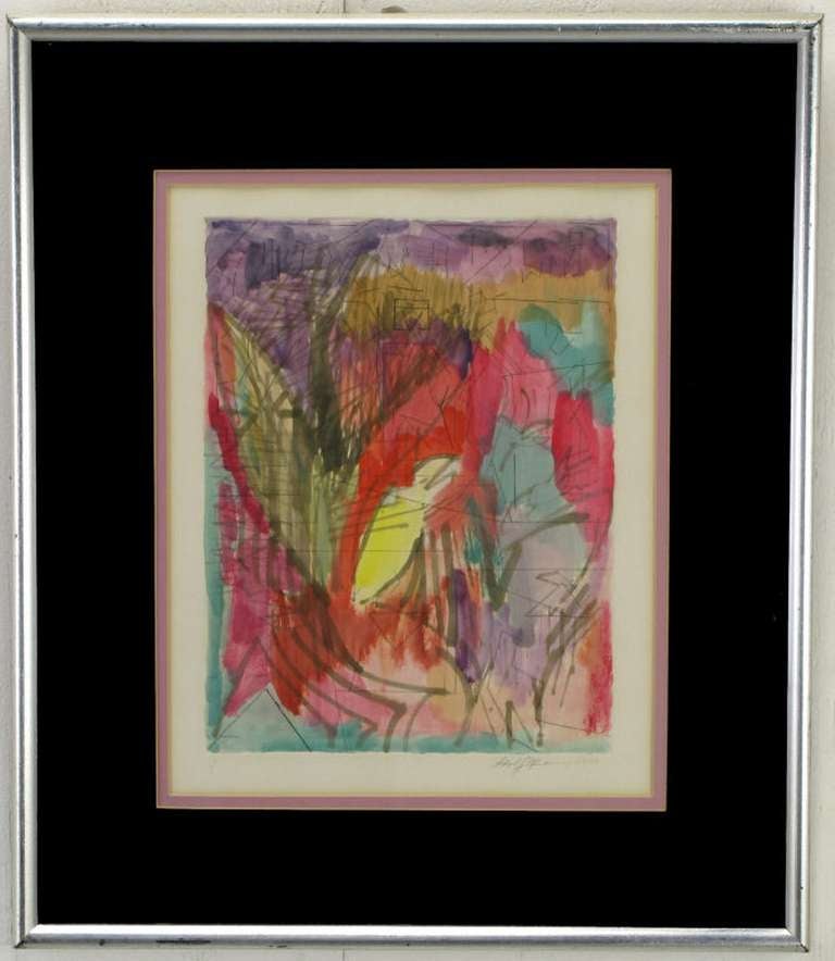 Reds, amethyst, emerald green and yellow water color with ink abstract painting on pressed water color paper and framed in silver leafed frame with black and rose matting. Signed and dated 1979.

Framed art is 22 x 18.75 x 1.5 Art 14.25 x 11.5